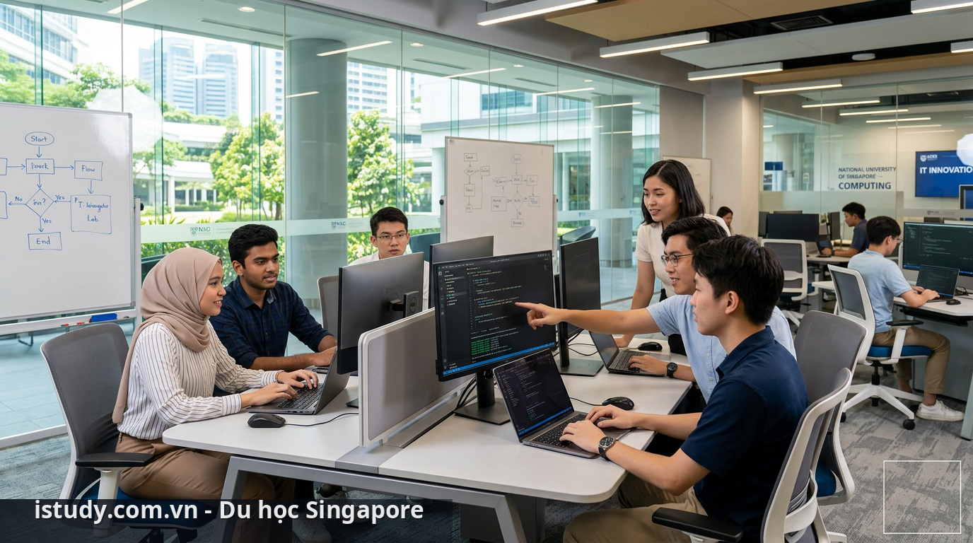 Sinh viên học công nghệ thông tin ở Singapore thực hành tại phòng Lab hiện đại - du học Singapore ngành IT
