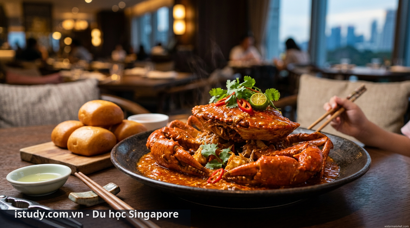 Thưởng thức cua sốt ớt, một trong những món ăn nổi tiếng nhất tại Singapore - món ngon Singapore